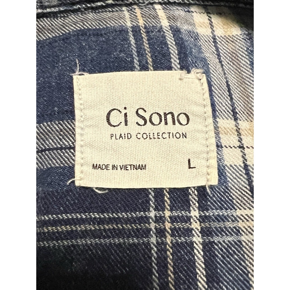 Ci Sono Button Down Shirt Large Blue Plaid Fitted Roll Tab Sleeves Western PTP22 - Picture 5 of 5